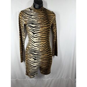 SHEIN Tiger Print Romper Bodysuit Small S Mock Neck Long Sleeve Festival Rave